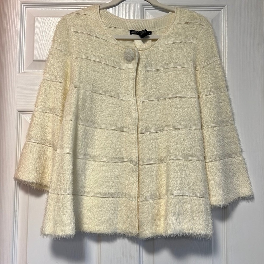 Lauren Michelle Petite Cream Eyelash Knit Cardigan Sweater Bell Sleeve PM‎ NWT
